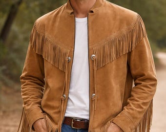 Chaqueta de cuero de ante con flecos estilo vaquero marrón para hombre. Abrigo de cuero vintage.