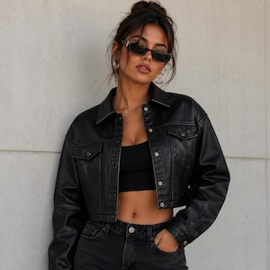 Black Cropped Faux Leather Jacket, Oversized Streetwear Biker Style Fall Fashion