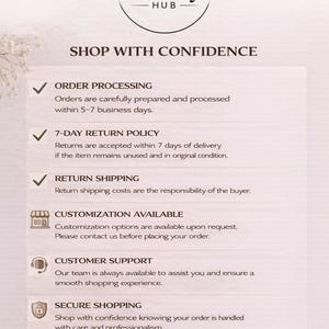 May include: An image featuring the EliteStyle Hub logo and the phrase "SHOP WITH CONFIDENCE." It details order processing, a 7-day return policy, return shipping, customisation options, customer support, and secure shopping.