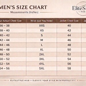 May include: A size chart titled MEN'S SIZE CHART with the EliteStyle Hub logo. It lists measurements in inches for actual chest size, required size, jacket chest size, and jacket sleeves, ranging from XXS to 5XL with corresponding numerical values.