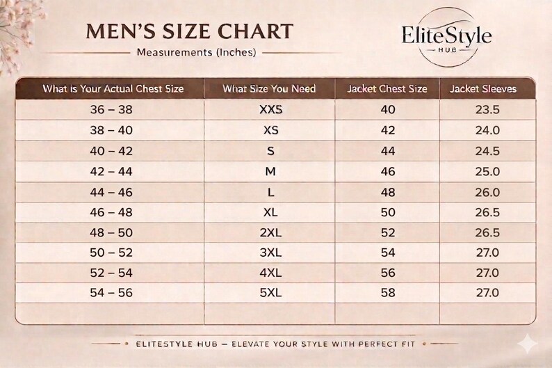 May include: A size chart titled MEN'S SIZE CHART with the EliteStyle Hub logo. It lists measurements in inches for actual chest size, required size, jacket chest size, and jacket sleeves, ranging from XXS to 5XL with corresponding numerical values.
