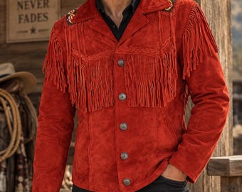 Chaqueta de cuero de gamuza roja para hombre, chaqueta con flecos, abrigo vaquero estilo western con cuentas, estilo nativo vintage