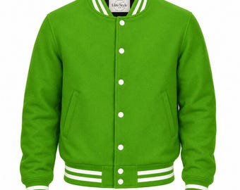 Chaqueta universitaria de lana verde para hombre, estilo clásico, tipo béisbol, bomber.