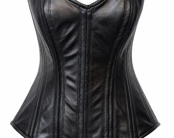 Black Leather Corset Top | Strapless Boned Bustier, Gothic Waist Cincher