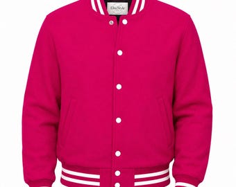 Chaqueta universitaria de lana rosa fucsia para hombre, estilo clásico de béisbol tipo bomber.