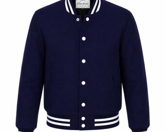 Chaqueta universitaria azul de lana para hombre – Chaqueta clásica estilo bomber de béisbol