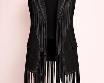 Chaleco largo de gamuza con borlas estilo vaquero occidental para mujer, estilo boho, ideal para festivales.