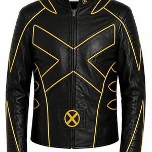 May include: Black leather jacket with yellow detailing, featuring an X-shaped design and the X-Men logo. It has a stand-up collar and a zip-up front. The jacket's design includes yellow trim and accents.
