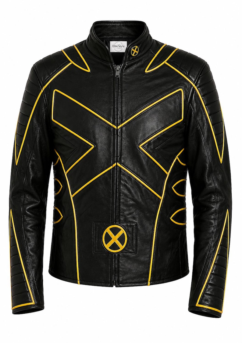 May include: Black leather jacket with yellow detailing, featuring an X-shaped design and the X-Men logo. It has a stand-up collar and a zip-up front. The jacket's design includes yellow trim and accents.