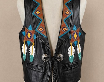 Chaleco de cuero hecho a mano estilo nativo con diseño de plumas, estilo vaquero occidental, estilo motero.