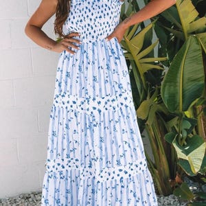 Floral Smocked Tied Straps A-Lined Tiered Dress