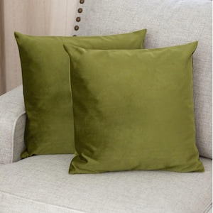 May include: Two olive green square throw pillows rest on a light gray upholstered chair. The pillows have a soft, velvety texture and are positioned against the chair's back. The chair has decorative nailhead trim.