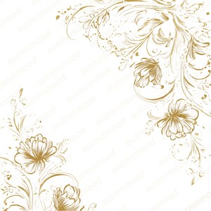 May include: A gold floral design on a white background. The design features stylized flowers, leaves, and swirling lines in a delicate, ornate pattern. The text "autmnmood" is repeated diagonally across the image.