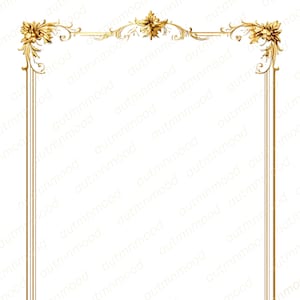May include: Ornate gold-colored picture frame with floral and scrollwork details. The frame has a rectangular shape with vertical lines on the sides and decorative corners. The design is symmetrical and elegant, suitable for artwork or photography.