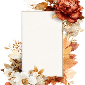 Op de afbeelding: Een rechthoekige, blanco kaart met een gouden rand, omringd door aquarelbloemen en bladeren. Het bloemstuk bevat witte, roest- en bruine bloemen en bladeren, wat een warm, herfstachtig thema creëert.