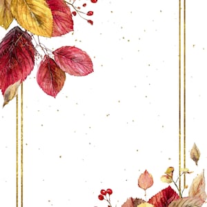 May include: Watercolor illustration featuring autumn leaves in shades of red, yellow, and brown, with red berries. A gold rectangular frame surrounds a white background, with gold flecks scattered throughout. Perfect for fall-themed designs.