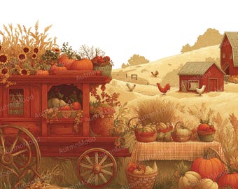 May include: A rustic autumn scene featuring a red wagon overflowing with pumpkins, sunflowers, and fall foliage. Baskets of pumpkins and gourds sit on a checkered tablecloth. A farm scene with chickens and red barns completes the harvest theme.