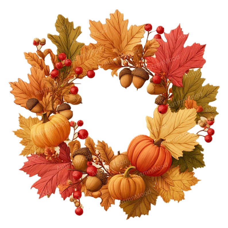12 Fall Floral Wreath PNG Clipart: Autumn Leaves & Pumpkins (digital ...