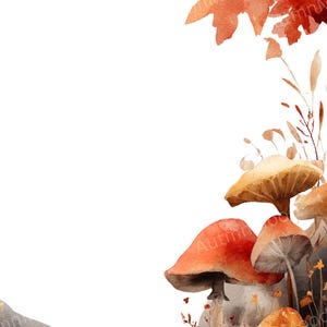 Può includere: Illustrazione ad acquerello con un gruppo di funghi con cappelli rossi e marroni, su uno sfondo di foglie autunnali. L'opera d'arte ha un'estetica naturale e terrosa, con sfondo bianco.