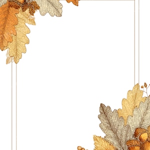 Può includere: Una cornice rettangolare decorativa a tema autunnale. Gli angoli sono adornati da illustrazioni dettagliate di ghiande, foglie di quercia nei toni dell'oro, dell'arancio e dell'argento, e piccoli rametti di bacche. La cornice è delineata da una sottile linea marrone.