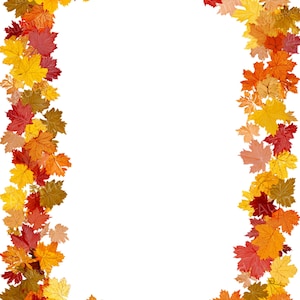 May include: A rectangular frame composed of colorful autumn leaves in shades of red, orange, and yellow. The leaves are arranged around a white background, creating a decorative border. The image evokes a fall or harvest theme.