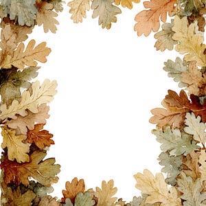 Pode incluir: Ilustração em aquarela de uma borda de folhas de carvalho. As folhas são em tons de marrom, verde e amarelo, criando um tema outonal. As folhas são dispostas em torno de um espaço branco.