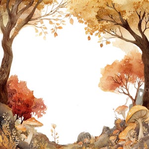 May include: Watercolor painting of a forest scene in autumn. The artwork features trees with brown trunks and golden leaves, mushrooms, and a path leading through the woods. The color palette includes shades of brown, orange, and yellow.