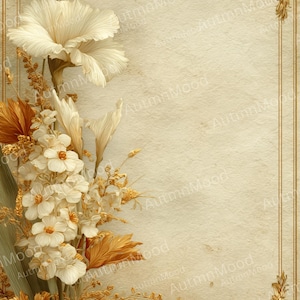 Puede incluir: Un diseño floral de estilo vintage con fondo crema y borde dorado. La imagen presenta ilustraciones detalladas de flores blancas y doradas, hojas y elementos decorativos, creando una composición elegante y artística.