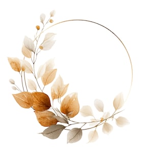 Puede incluir: Ilustración en acuarela de un marco circular dorado con hojas otoñales en tonos marrón, beige y gris. Las hojas están dispuestas en semicírculo, creando un diseño elegante y natural.