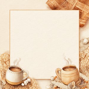 Può includere: Illustrazione ad acquerello con due tazze fumanti di cioccolata calda, marshmallow e maglieria accogliente. Un quadrato color crema vuoto è incorniciato da un sottile bordo dorato. Il tema generale evoca calore e comfort, perfetto per l'autunno o l'inverno.