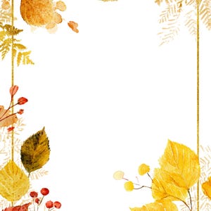 Op de afbeelding: Waterverfillustratie van een herfstthema-rand. Het ontwerp bevat gouden, gele en rode bladeren, samen met bessen en varenachtige elementen, tegen een witte achtergrond. Een gouden glitterframe omlijnt de rand.