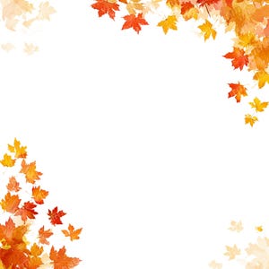 May include: Watercolor illustration of autumn maple leaves in shades of red, orange, and yellow, arranged in a decorative border against a white background. The leaves vary in size and are partially transparent.