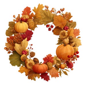 May include: A circular autumn wreath composed of pumpkins, berries, and autumnal leaves in orange, yellow, and red hues. Ideal for seasonal decoration, the wreath is a vibrant display of fall colours.