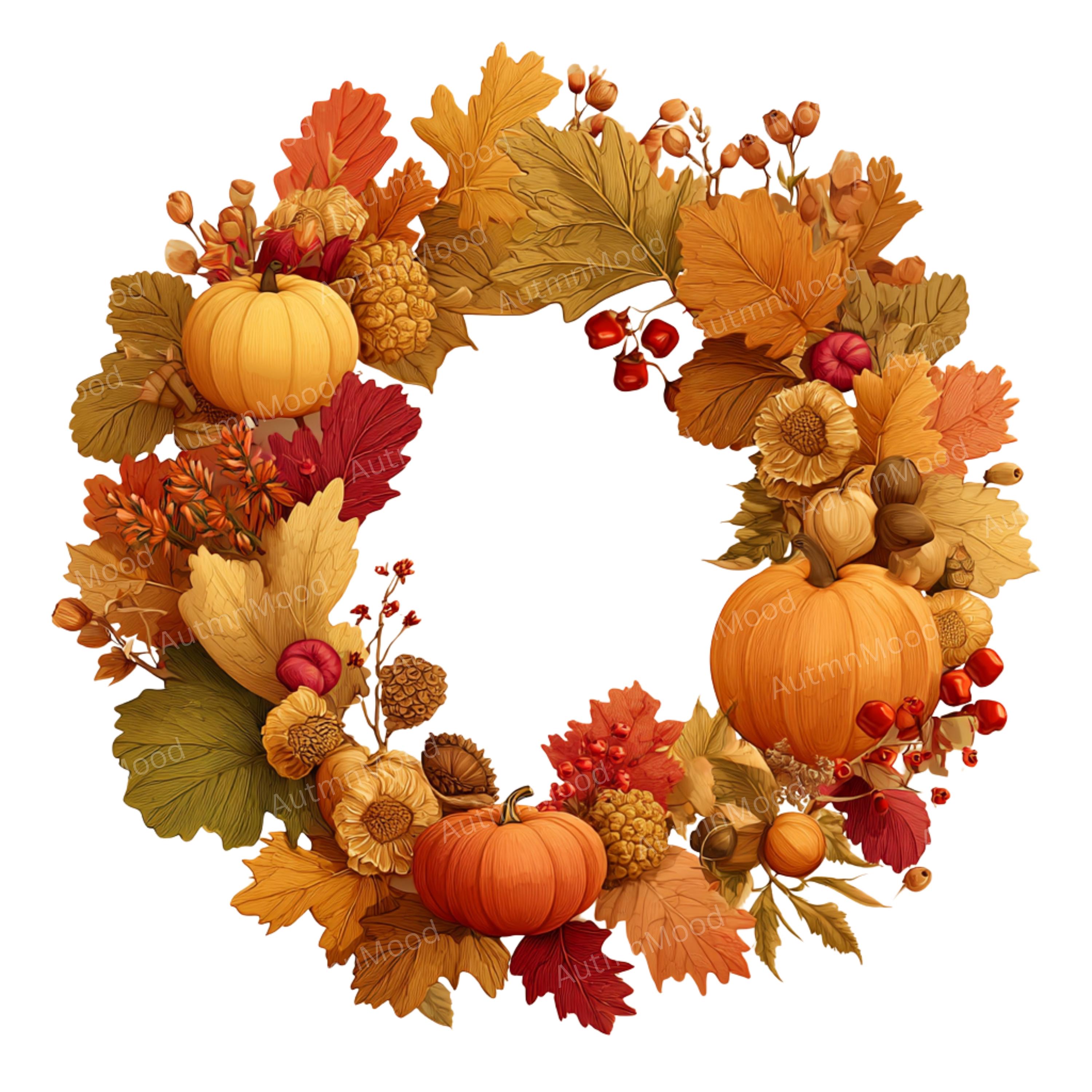 12 Fall Floral Wreath PNG Clipart: Autumn Leaves & Pumpkins (digital ...