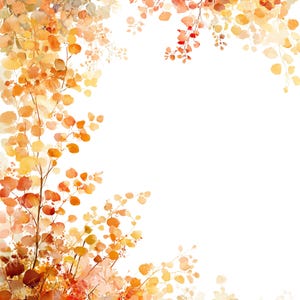 Puede incluir: Pintura a la acuarela de hojas de otoño en tonos naranja, rojo y amarillo. Las hojas están dispuestas sobre delicadas ramas, creando un diseño natural y artístico sobre un fondo blanco. La obra evoca una sensación de calidez y el cambio de estaciones.
