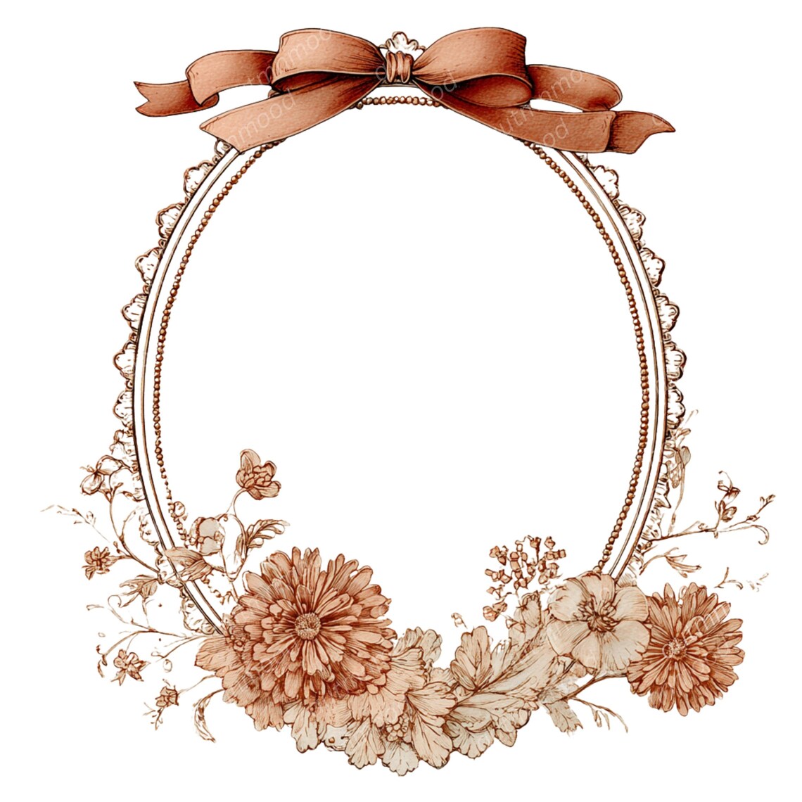 Vintage Floral Frame Clipart | Oval Ribbon Bow PNG (digital Download ...