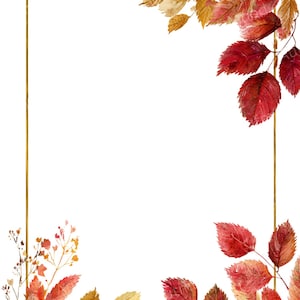 Könnte beinhalten: Aquarell-Illustration eines goldenen, rechteckigen Rahmens mit Herbstblättern. Die Blätter sind in Rot-, Orange- und Gelbtönen gehalten und erzeugen ein herbstliches Thema. Geeignet für Einladungen, Karten oder andere dekorative Zwecke.