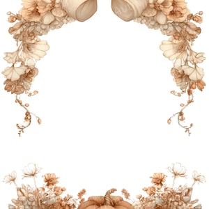 May include: A digital illustration featuring a beige bow at the top, surrounded by floral arrangements and foliage. The bottom of the image showcases pumpkins and more flowers in shades of beige and brown, creating a fall theme.