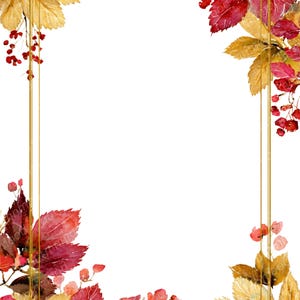 Könnte beinhalten: Ein goldener rechteckiger Rahmen mit Aquarell-Herbstblättern und Beeren. Die Blätter sind rot, gelb und braun, mit kleinen roten Beeren. Die Mitte des Rahmens ist leer.