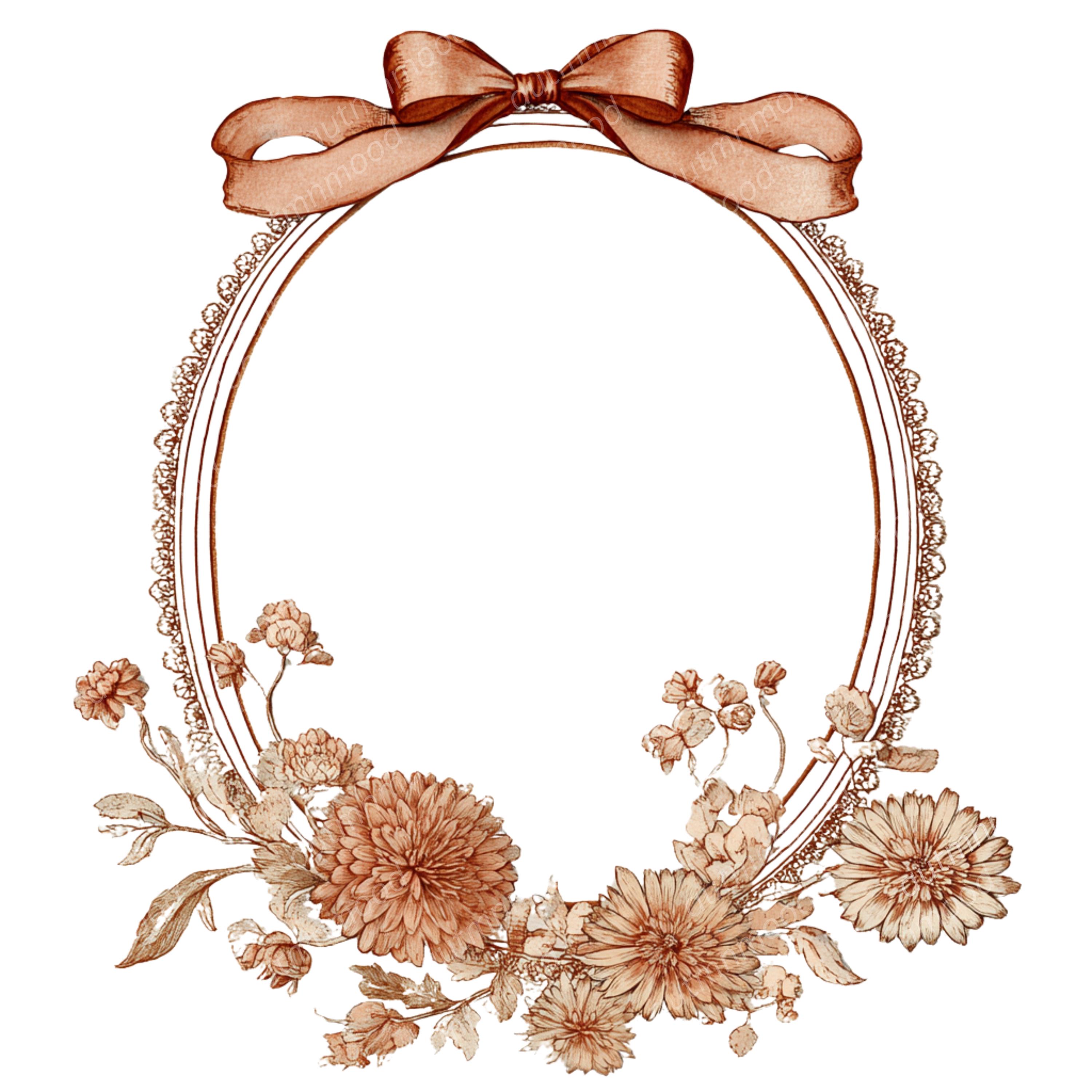 Vintage Floral Frame Clipart | Oval Ribbon Bow PNG (digital Download ...