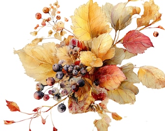 12 Autumn Floral Bouquets – Watercolor Clipart PNG | Fall Flower Arrangements on Transparent Background