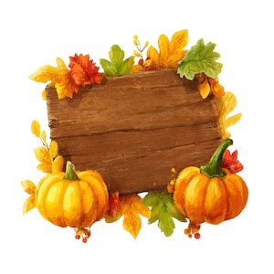 Può includere: Illustrazione ad acquerello di un cartello in legno circondato da foglie autunnali e due zucche. Il cartello è marrone, le foglie sono gialle, arancioni e verdi e le zucche sono arancioni.