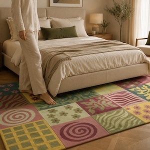 Hand Tufted Wool Rug, Mosaic Bloom Pink Green Checkerboard Patchwork, Abstract Floral Area Carpet
