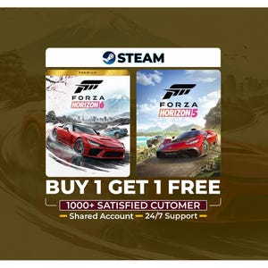 May include: Two game covers for Forza Horizon 6 and Forza Horizon 5, featuring red sports cars. The Steam logo is at the top. The image includes the text "BUY 1 GET 1 FREE" and "1000+ SATISFIED CUTOMER".
