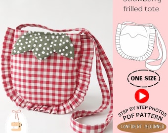 Peut inclure: Un sac fourre-tout en tissu vichy rouge et blanc avec une longue bandoulière et un bord à volants. Le sac présente une pièce supérieure en tissu vert à pois blancs. Le texte sur l'image inclut Strawberry frilled tote, ONE SIZE, STEP BY STEP PHOTOS PDF PATTERN, CONFIDENT BEGINNER et instant download.