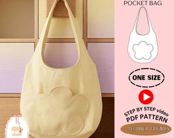 May include: A pale yellow hobo bag with a large flower-shaped pocket on the front. The text reads DIY HOBO FLOWER POCKET BAG, ONE SIZE, STEP BY STEP video PDF PATTERN, BEGINNER FRIENDLY, instant download, and the logo for MINIHANDS LAB.