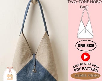 Peut inclure: Un sac hobo géométrique bicolore avec une partie supérieure en tissu beige texturé et une partie inférieure en jean bleu. Le sac possède une bandoulière unique et une breloque lune et étoile argentée. Texte : GEOMETRIC TWO-TONE HOBO BAG, ONE SIZE, STEP BY STEP video PDF PATTERN, BEGINNER FRIENDLY, instant download.