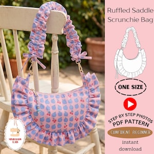 Patron de couture PDF pour débutant : sac hobo souple à volants et bandoulière ajustable, style sacoche, avec bandoulière élastique à fronces.