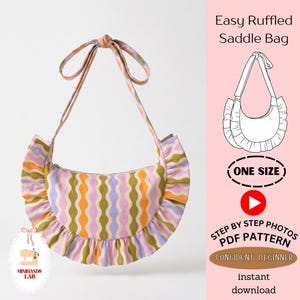 May include: A crescent-shaped saddle bag with a ruffled edge and a long shoulder strap, featuring a wavy vertical stripe pattern in olive green, orange, and lavender. Text includes Easy Ruffled Saddle Bag, ONE SIZE, and STEP BY STEP PHOTOS PDF PATTERN.