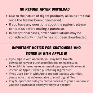 May include: A light pink informational graphic with black text. The top section states NO REFUND AFTER DOWNLOAD with bullet points regarding digital product policies. The bottom section states IMPORTANT NOTICE FOR CUSTOMERS WHO SIGNED IN WITH APPLE ID.